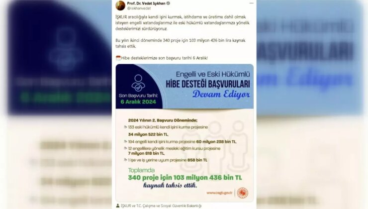 İŞKUR’dan engelli ve eski hükümlülere 103 milyon lira destek